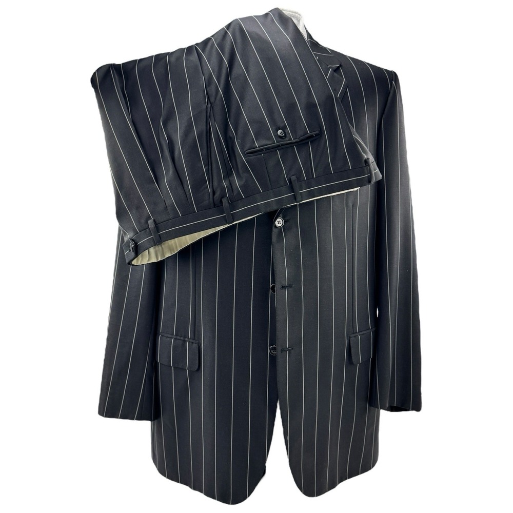 Brioni‎ Black Chalkstripe Pincio 3 Button Wool Suit Jacket Men's 46L Pants 38x28